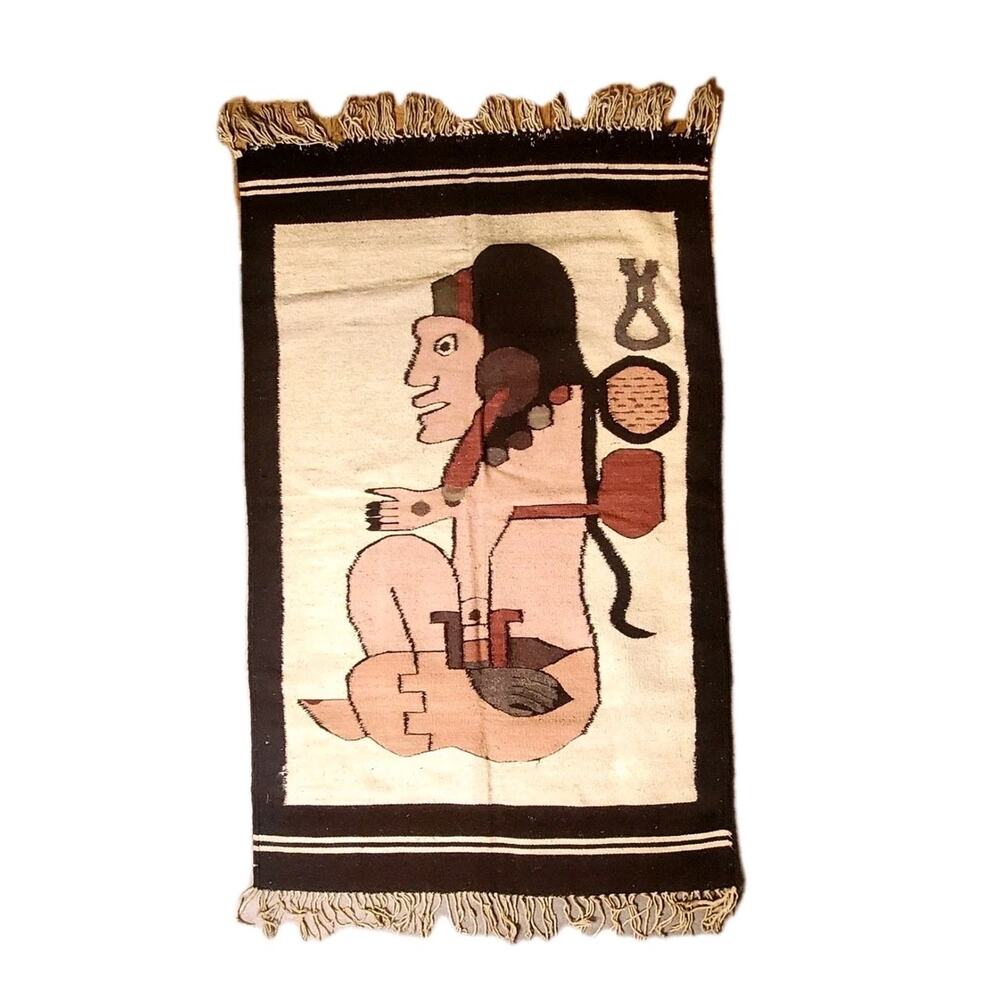 NATIVE flatweave Vintage Wool rug Hand Knotted 57"x33” a couple small  Holes